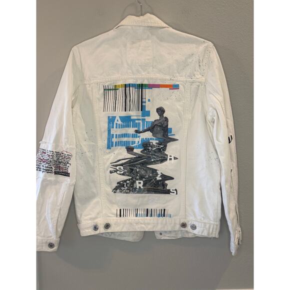 ZARA Man White Denim Jacket Sz S Barcode Abstract Art Print Graphic Streetwear - Picture 2 of 9